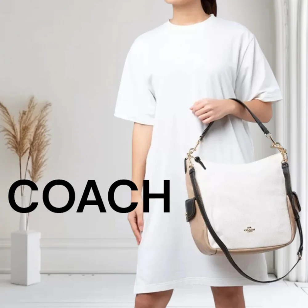 COACH HOBO BAG LARGE SLOUCHY Colorblock Tan Black Chalk Crossbody Shoulder Bag
